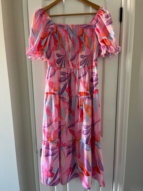 Floral Pink Multi-Color Smocked Tiered Midi Dress